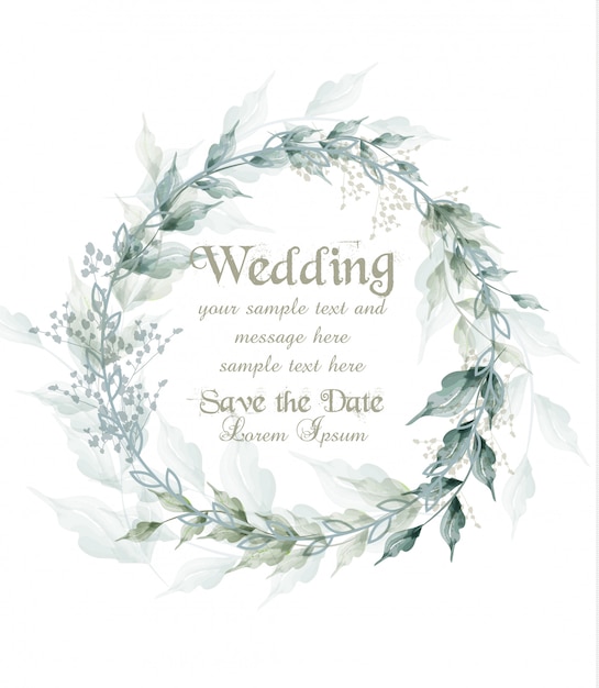 Wedding card watercolor green leaves wreath