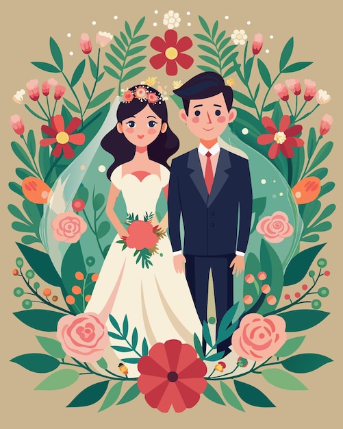 a wedding card with a bride and groom in a floral frame