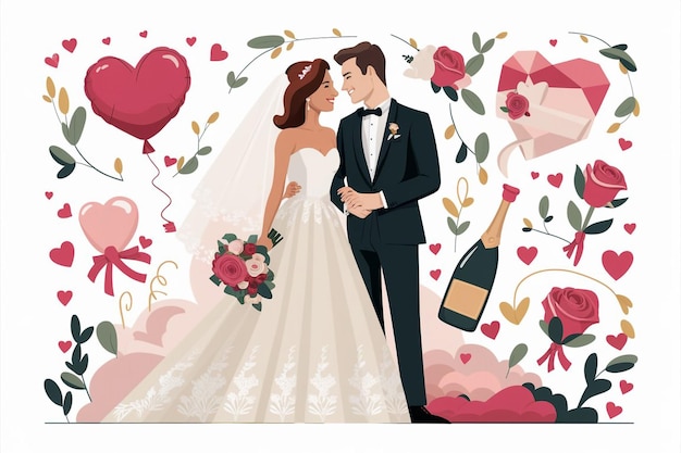 a wedding card with a bride and groom in a floral print