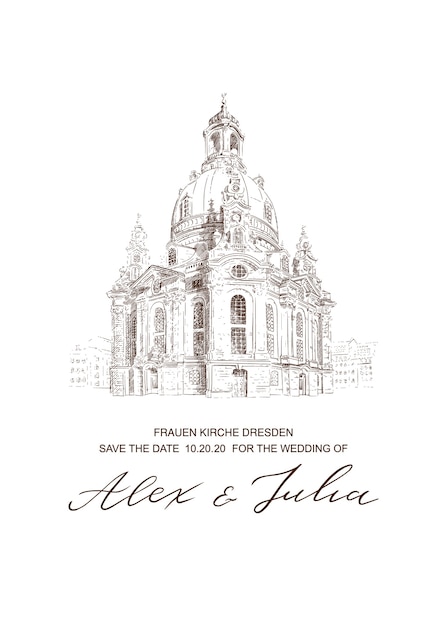 Wedding card with Frauenkirche Church in Dresden sketch. Invitation template. architecture background. Hand drawn illustration.