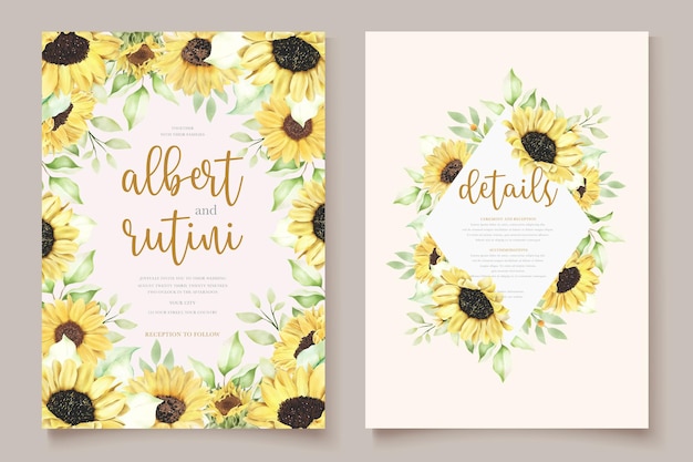 wedding card with hand drawn watercolor sunflower