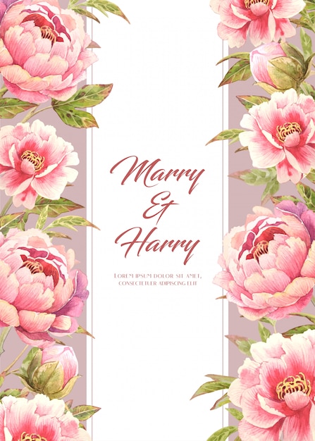 wedding card with pink Peony flower on side