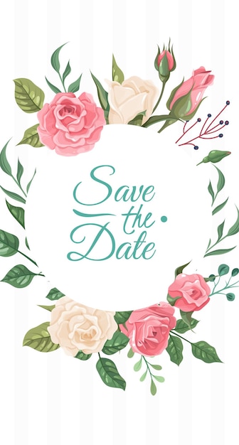 Wedding card with roses Elegant pink and white flowers with green leaves Save the date poster circle botanical frame hand drawn text blooms and greenery decor vector illustration