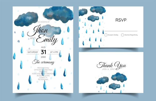 Wedding cards invitations Save the watercolor rain style design