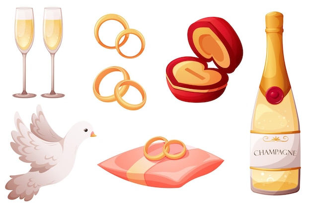 Wedding cartoon set wedding items attributes champagne glasses rings pigeon