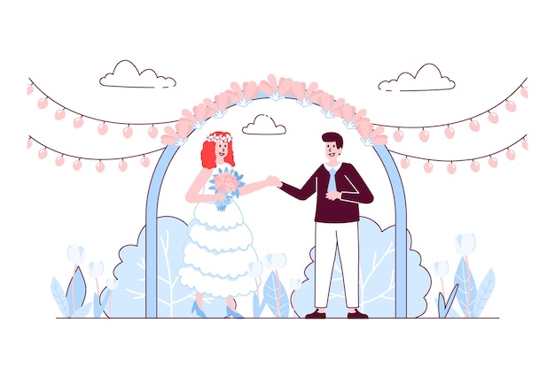 Vector wedding ceremony concept in flat line design happy bride and groom stand under wedding arch