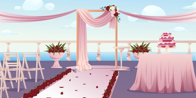 Vector wedding ceremony outdoor setup wedding ceremony setup with arch draped with ribbons and decorations