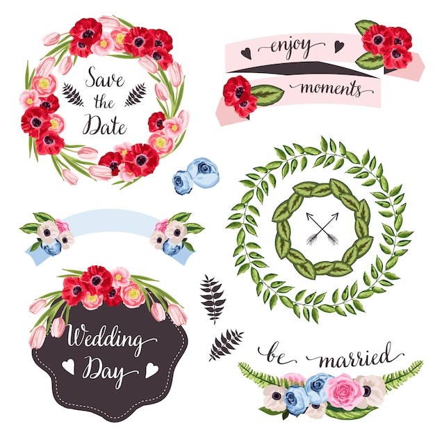 Wedding collection with hand-drawn flowers and plants 