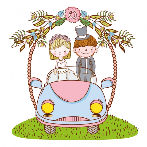 Wedding couple on car cute cartoon