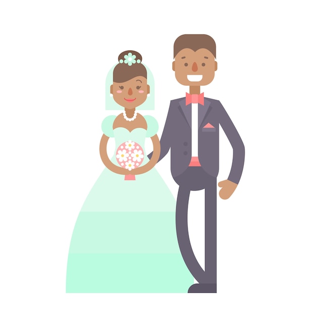 Wedding couple, cute flat characters, groom and bride