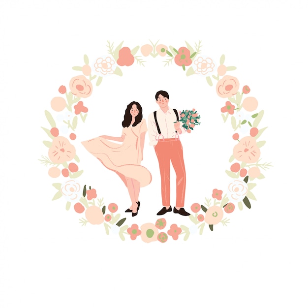 Vector wedding couple in floral wreath