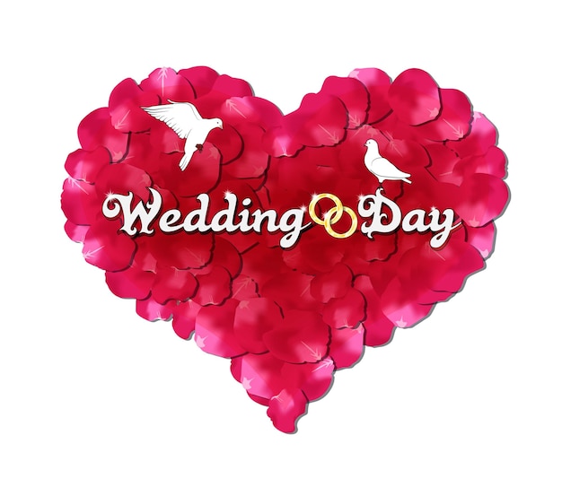 Wedding day the heart of rose petals doves and rings