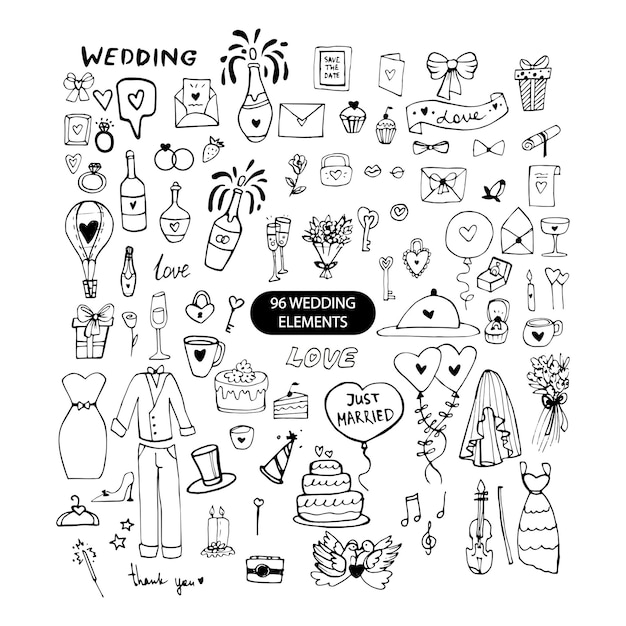 Wedding doodle set 96 handdrawn elements Vector illustration Big set of Wedding Day black icons