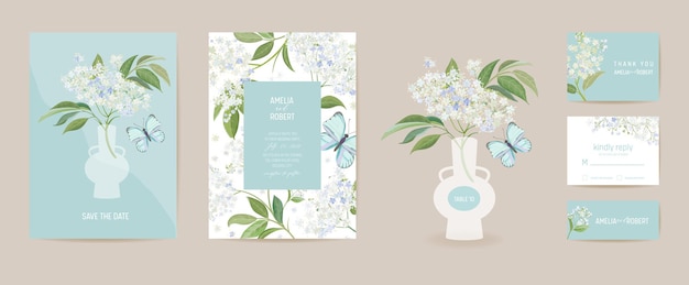 Wedding elderberry and butterfly floral Save the Date set. Vector white spring flowers boho invitation card. Watercolor template frame, foliage cover, modern poster, trendy design