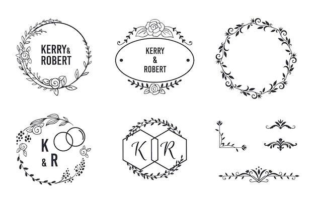 Wedding elegant monograms Round frames and decorative corners for invitation and greeting card Outlines with names of bride and groom Filigree floral elements vector monochrome set