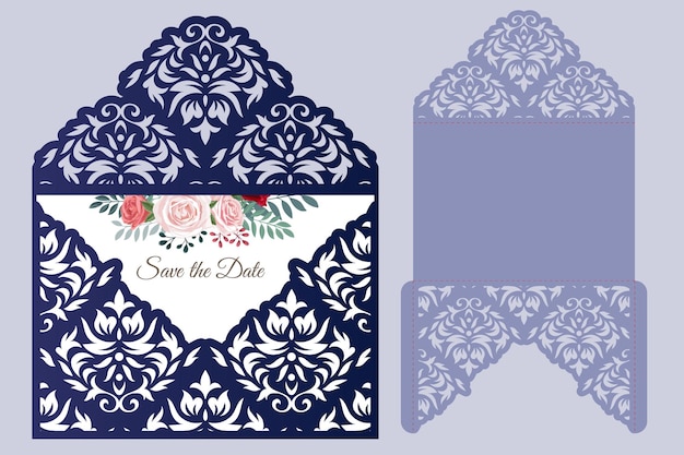 Wedding Envelope Laser cut template with Damask pattern vector