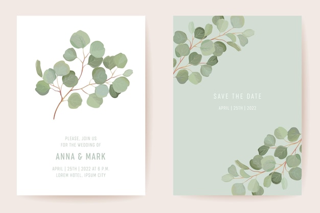 Wedding eucalyptus, green leaf branches floral Save the Date set. Vector exotic leaves greenery boho invitation card. Watercolor template frame, foliage cover, modern poster, trendy design