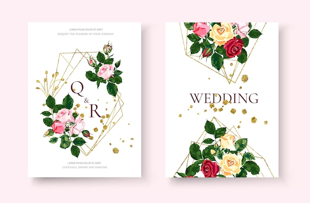 Wedding floral golden geometric invitation card with flowers roses