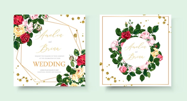 Wedding floral golden geometric invitation card with flowers roses