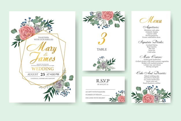 Wedding floral invitation card save the date design with green leaf herbs eucalyptus, rose