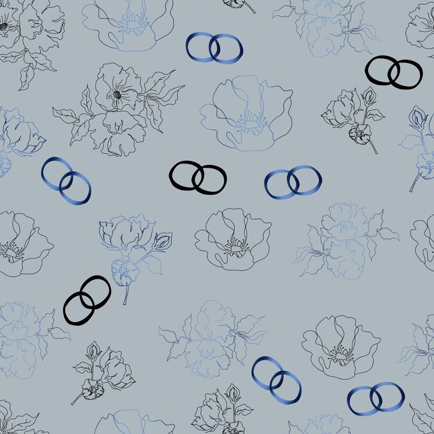 Wedding floristic vector seamless pattern with flowers and rings For wrapping paper invitations and greetings