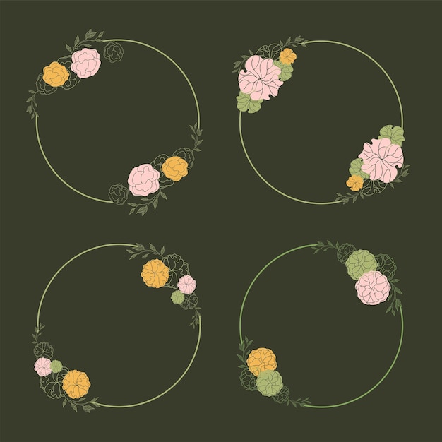 Wedding flourish wreaths for invitation cards. Botanical set of hand-drawn floral wreaths. Vector.