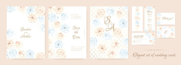 Wedding frames set with elegant watercolor roses flowers