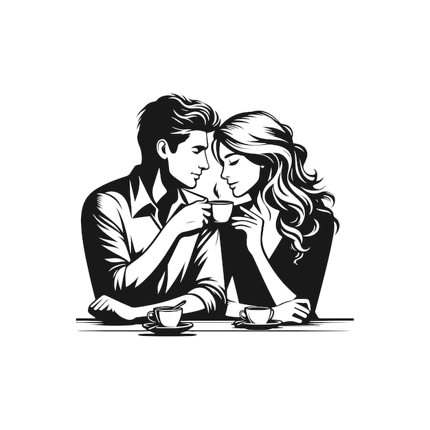 Vector wedding husband and wife are sitting at the table and drinking coffee silhouette vector design