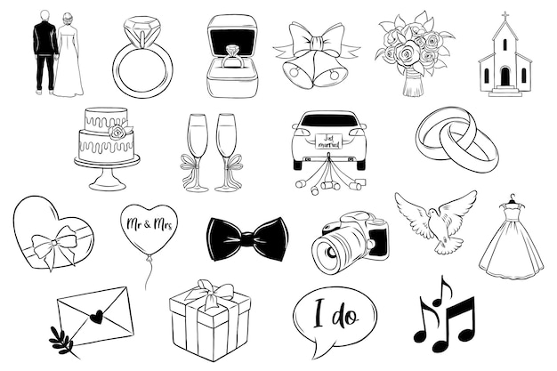 Vector wedding icons hand drawn icons love and marriage couple bride and groom vector