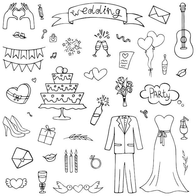 Wedding icons Handdrawn festive clipart in doodle style