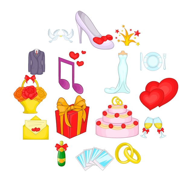 Wedding icons set, cartoon style