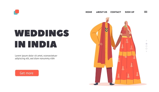 Wedding in India Landing Page Template Newlywed Indian Man and Woman Wear Gold and Red Festive Dresses