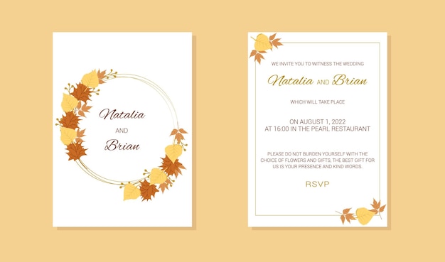 Wedding invitation in autumn style branches leaves