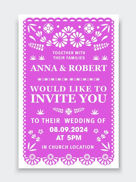 Vector wedding invitation banner in paper cut mexican style vector fuchsia colored invite card template with traditional floral patterns capturing the festive spirit of mexico joy love and celebration