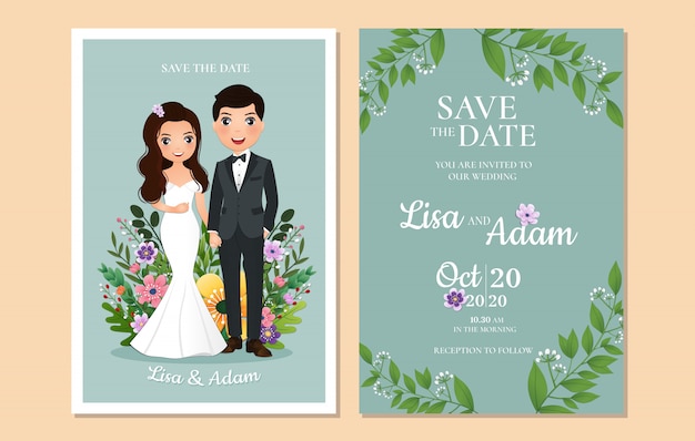 Wedding invitation the bride and groom cute couple cartoon character. 