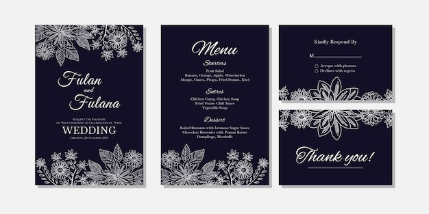 wedding invitation card abstract floral and flower outline doodle art style template