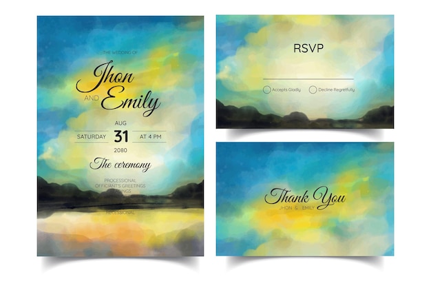 Wedding invitation card beach panorama watercolor