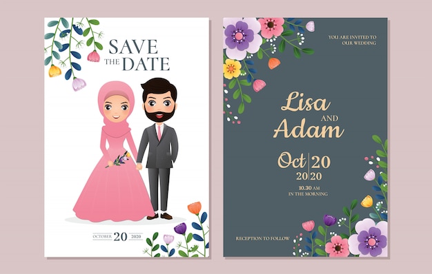 Wedding invitation card the bride and groom cute couple cartoon character. 