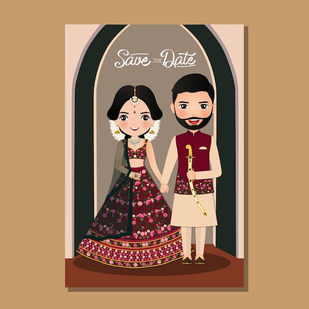 Wedding invitation card the bride and groom cute couple in traditional indian dress cartoon character Vector illustration