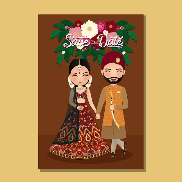 Wedding invitation card the bride and groom cute couple in traditional indian dress cartoon