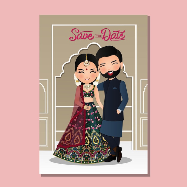 Wedding invitation card the bride and groom cute couple in traditional indian dress cartoon