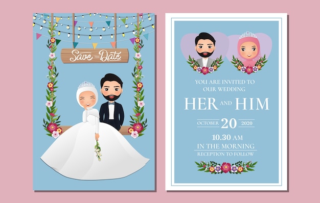 Wedding invitation card the bride and groom cute muslim couple cartoon character sitting on swing decorated with flowers