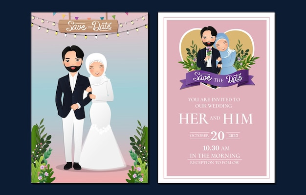 Wedding invitation card the bride and groom cute muslim couple cartoon