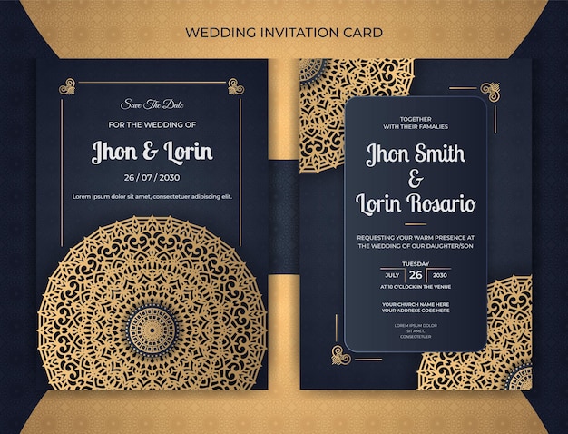 Wedding invitation card design with golden mandala and pattern