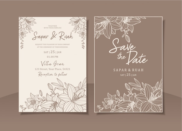 Wedding invitation card floral with sketch luxury elegant