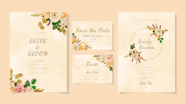 Wedding invitation card frame flowers set Save the date RSVP thanks