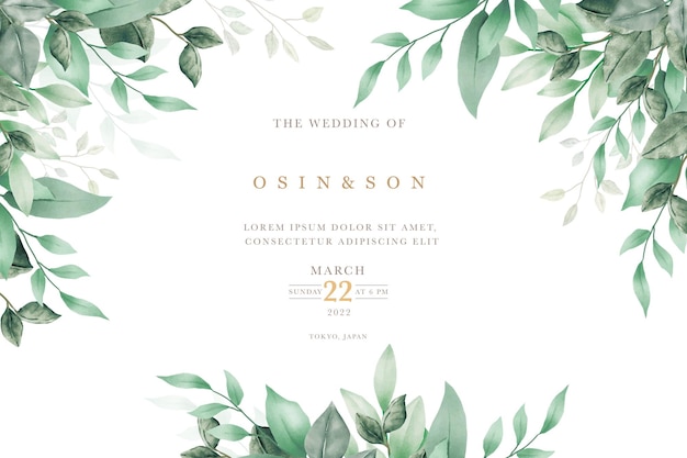 wedding invitation card green leaves watercolor