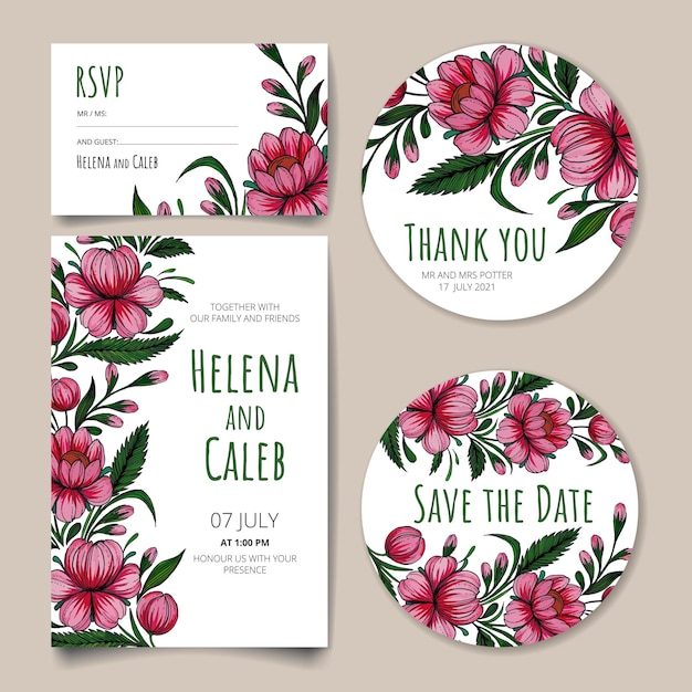 Wedding invitation card save the date card rsvp card thank you card with flowers leaves and branches