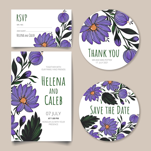 Wedding invitation card save the date card rsvp card thank you card with flowers leaves and branches