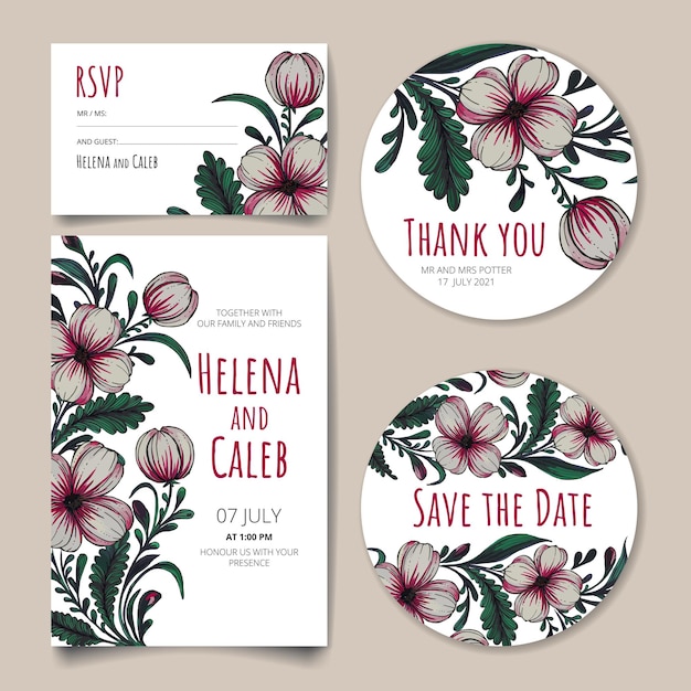 Wedding invitation card save the date card rsvp card thank you card with flowers leaves and branches